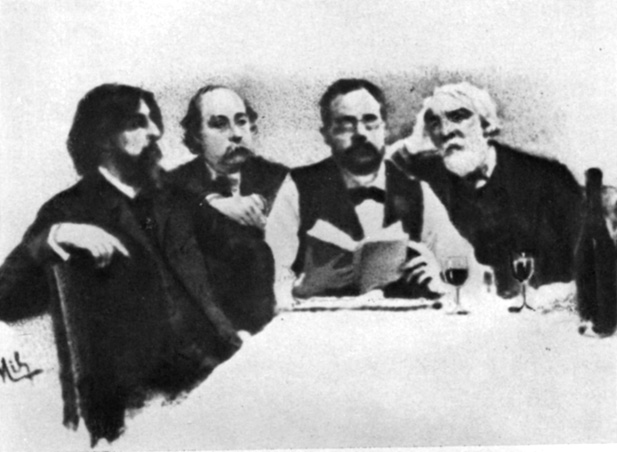 Рис. 12. 'Застолье классиков'. Слева направо: А. Доде, Г. Флобер, Э. Золя, И. Тургенев